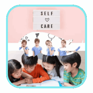 セルフケアのメッセージと感情を抱える子どもたち（内なるパーツたち）、そして安心して絵本を読むインナーチャイルドの姿の大人達。共感と学びの場であるトラウマ・ピア・ワークショップを表現した画像
